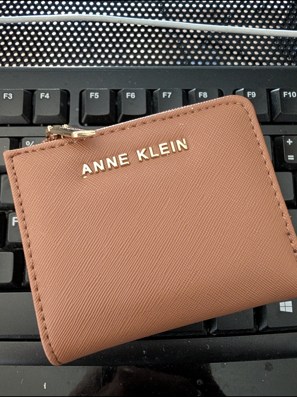 Anne Klein Taupe Brown Zip Around Card Wallet with Gold Logo
